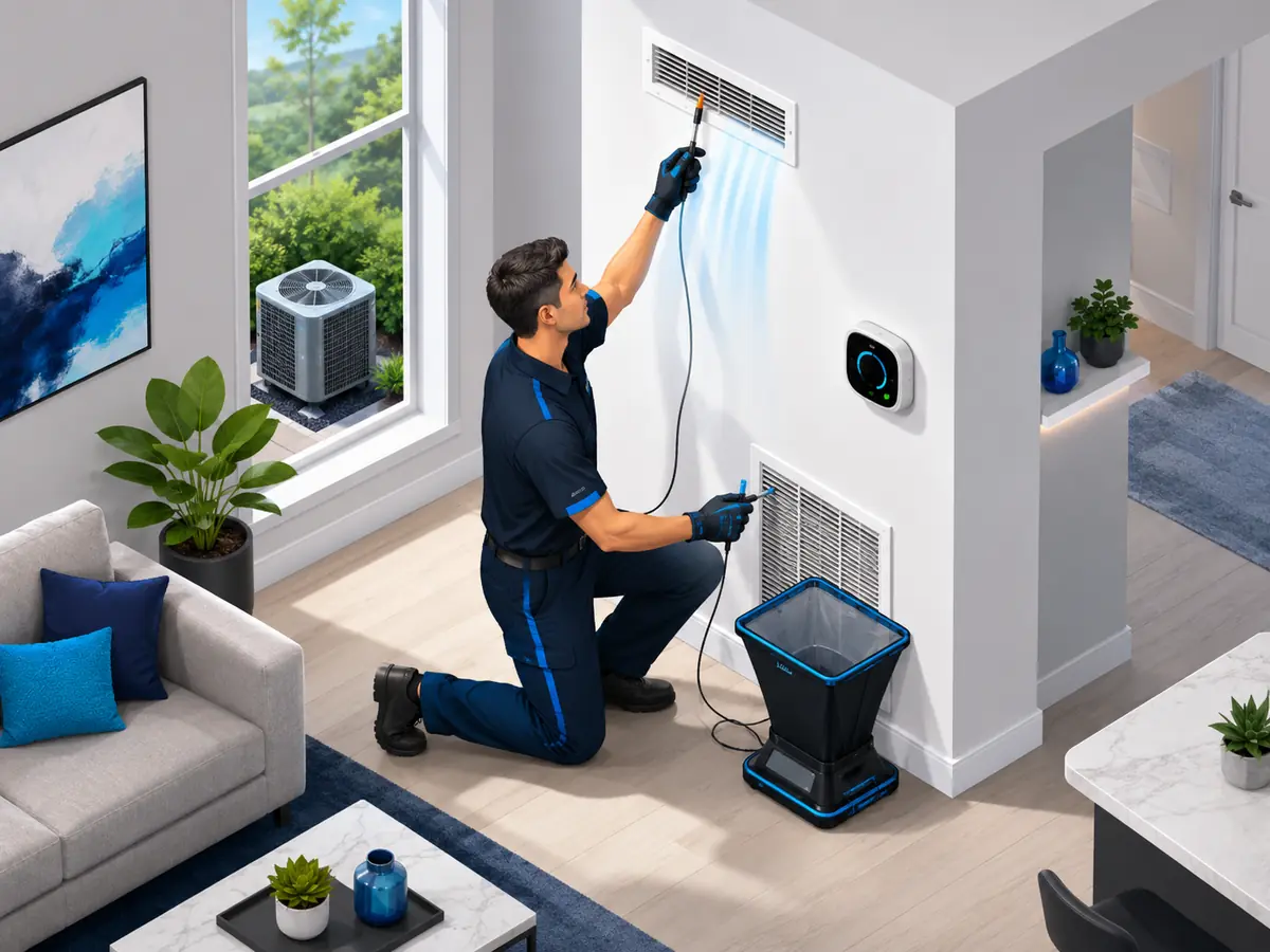 Technician testing AC airflow and temperature after maintenance