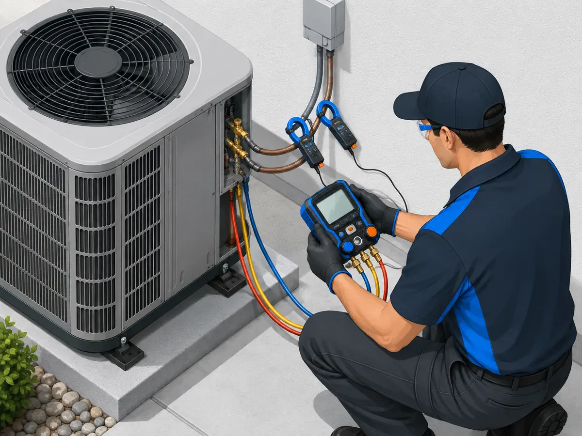 Technician checking an AC capacitor contactor and electrical system