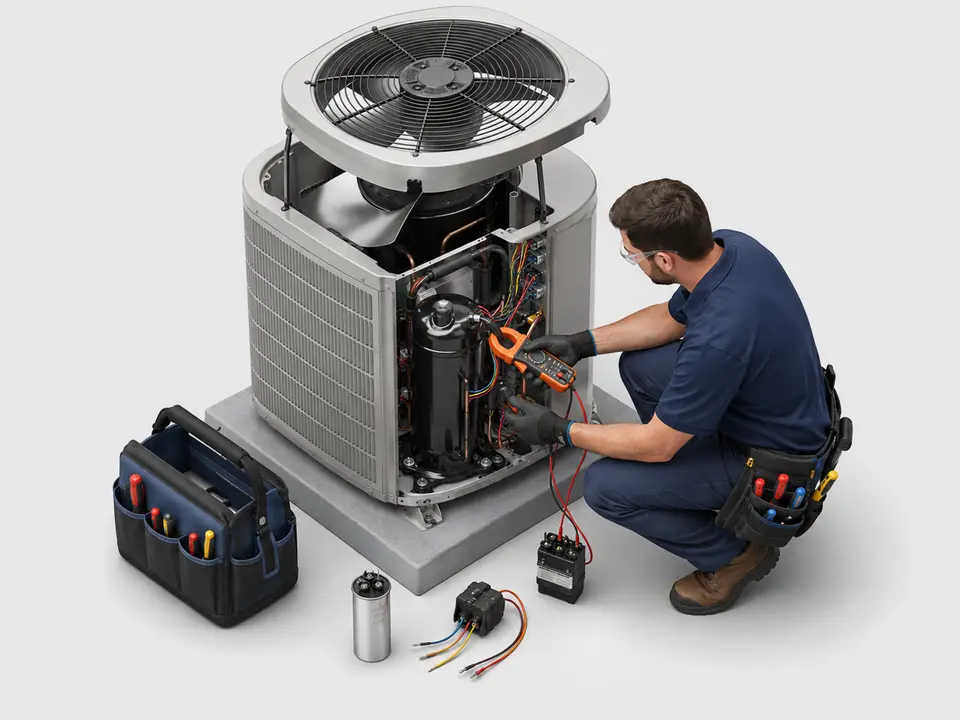 Technician testing a locked AC compressor and hard starting condition