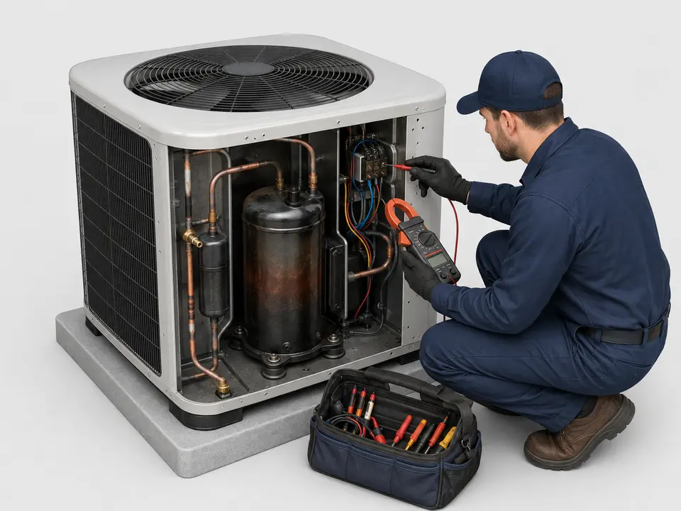 Technician checking AC compressor overheating high amperage and failure signs
