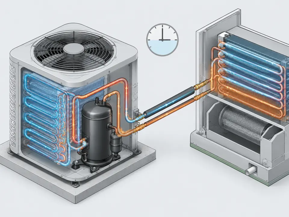 Cutaway HVAC compressor and refrigerant lines during pressure equalization