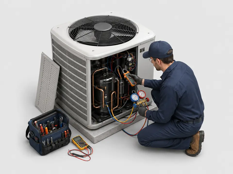 Technician performing AC compressor repair diagnostics on a residential condenser in California