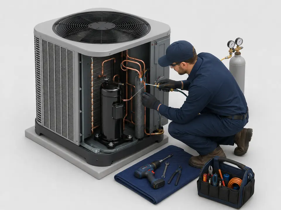 Technician brazing a replacement AC compressor into a residential condenser