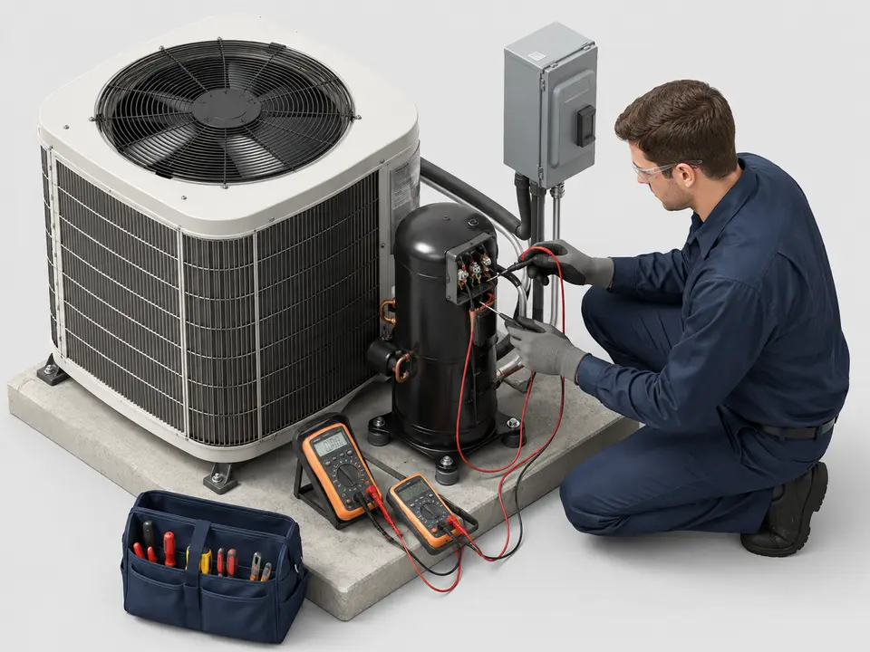 Technician testing AC compressor windings and electrical ground
