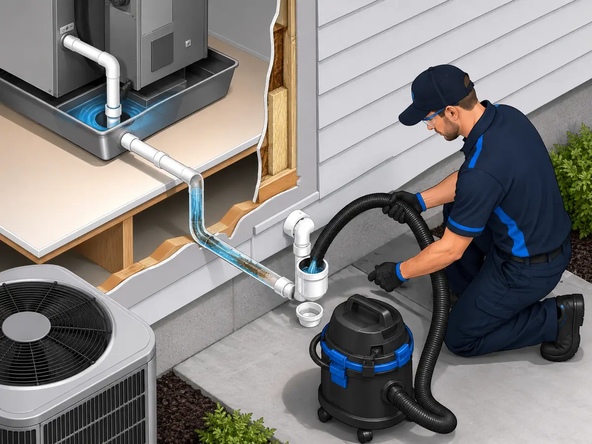 Technician performing AC condensate drain line cleaning
