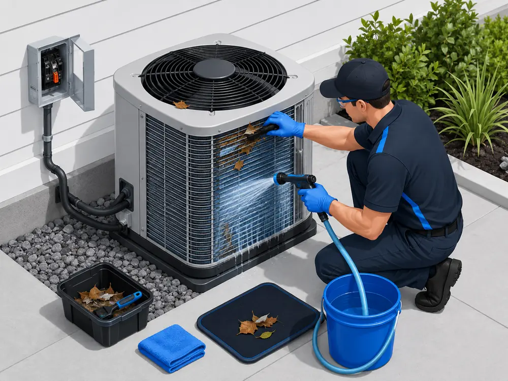 Technician performing safe AC condenser coil cleaning