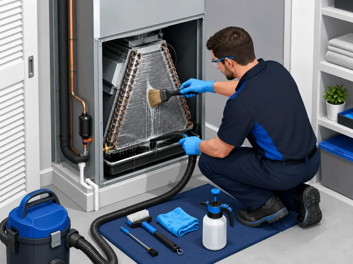 Technician performing AC evaporator coil cleaning