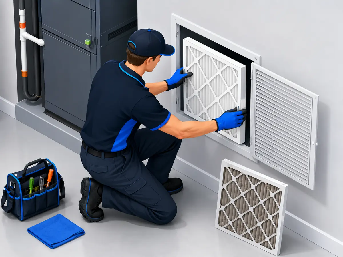 Technician performing AC filter replacement at a return air grille
