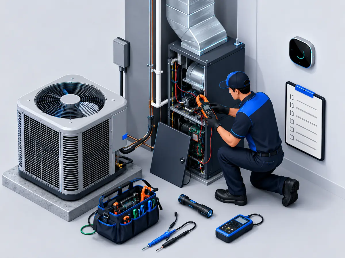 Technician completing a comprehensive AC maintenance inspection