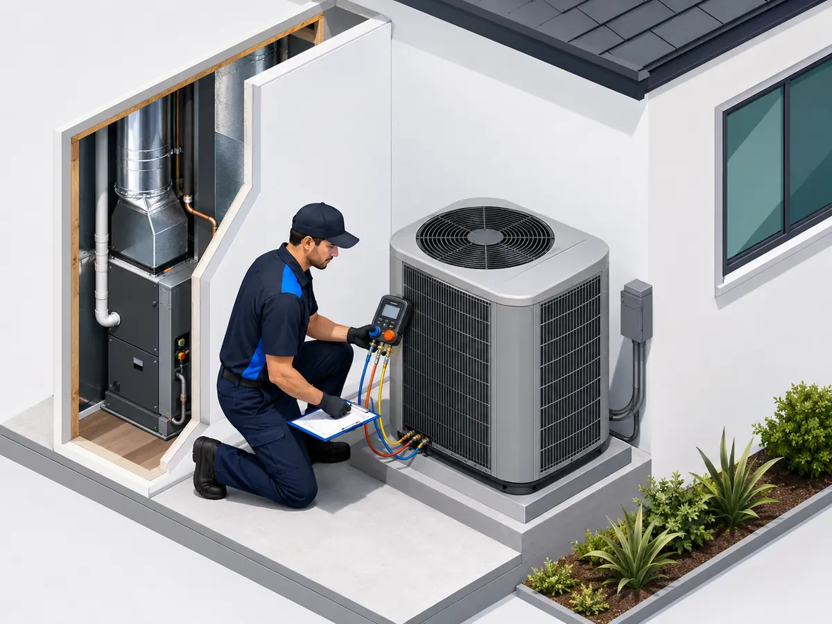 Technician performing seasonal AC maintenance on a California home cooling system