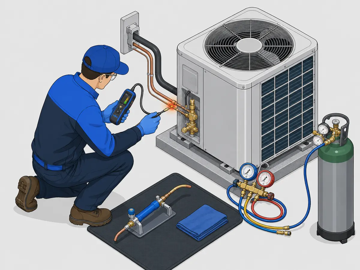 Technician performing AC refrigerant leak detection and repair