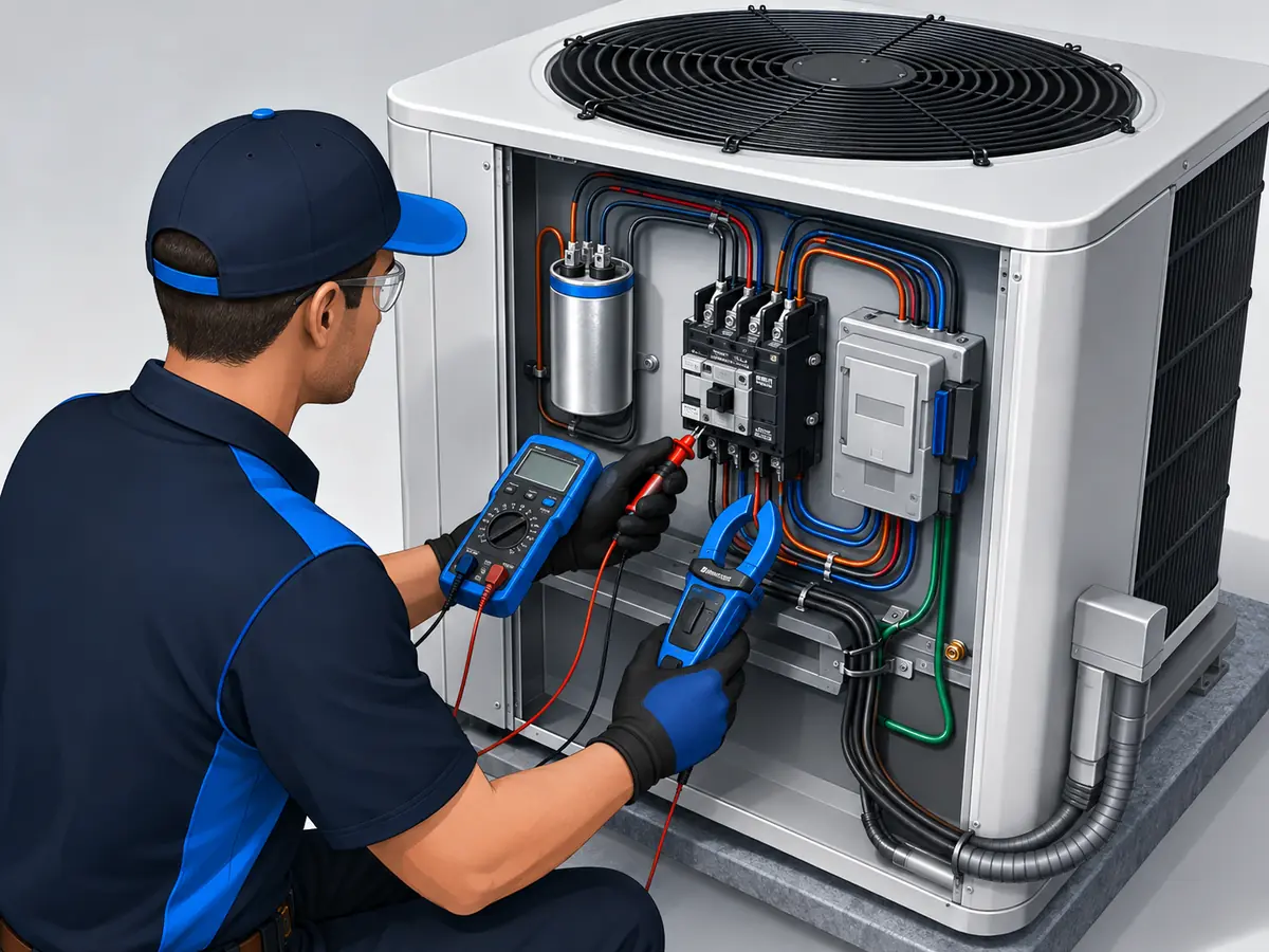 Technician checking AC refrigerant pressures and line temperatures