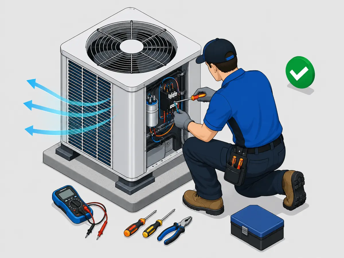 Technician completing an AC capacitor and contactor repair