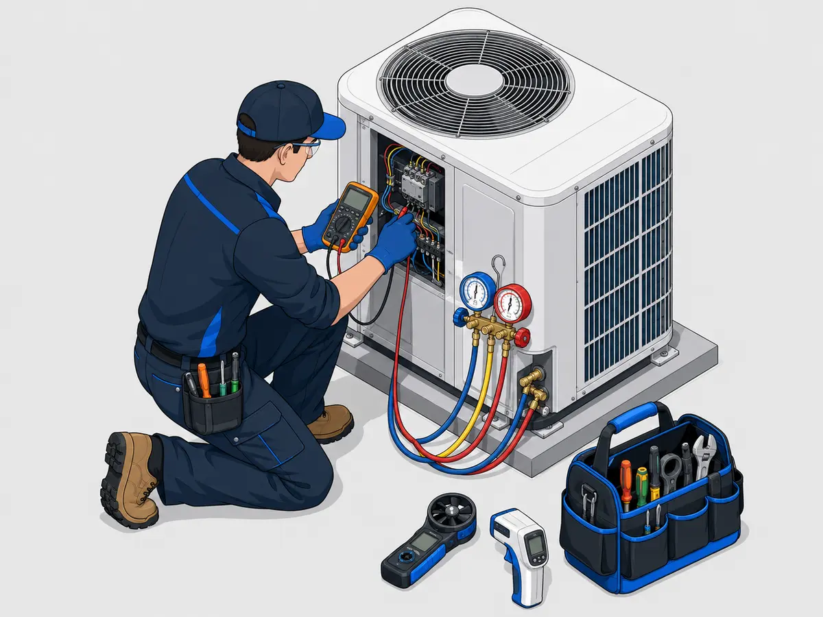 AC repair technician testing an outdoor condenser with a multimeter and manifold gauges