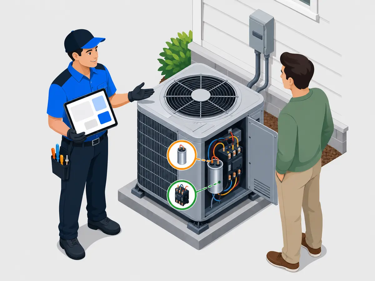 HVAC technician explaining AC repair options to a homeowner beside a condenser