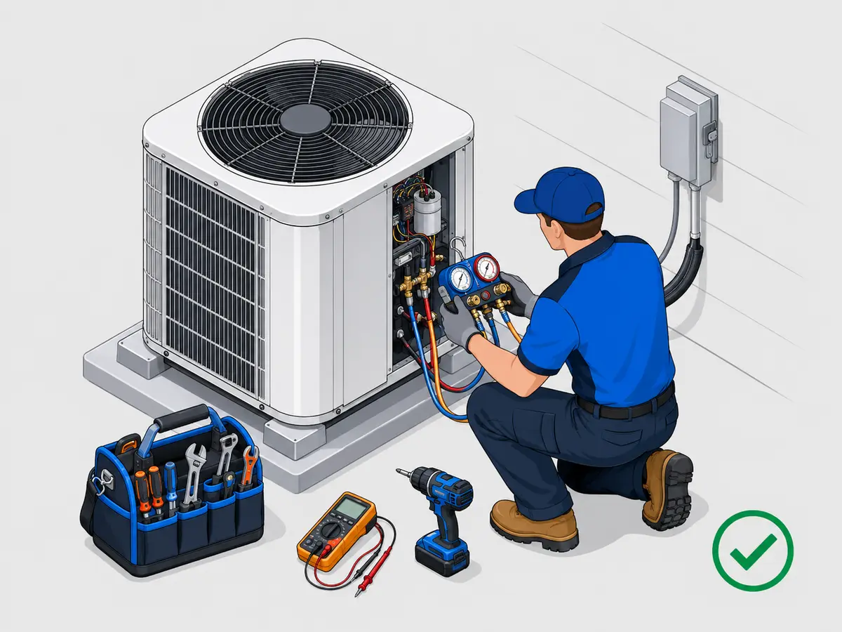 AC repair technician diagnosing an outdoor air conditioner condenser