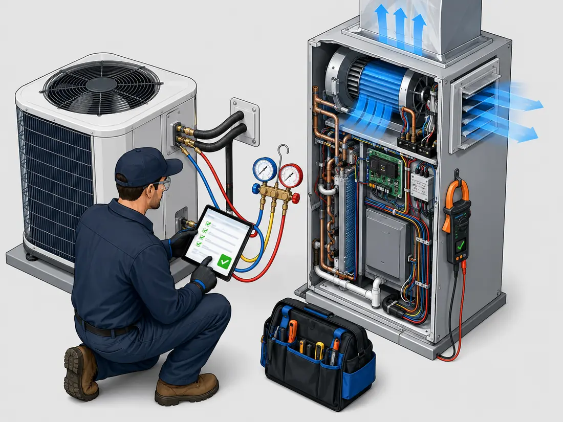Technician performing final AC replacement commissioning tests