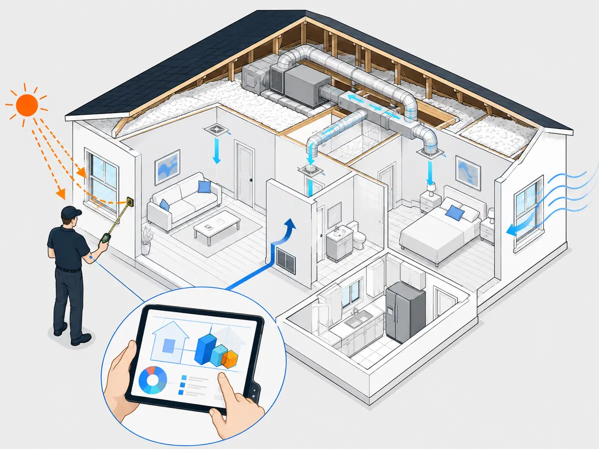 Technician performing an AC replacement load calculation and home assessment