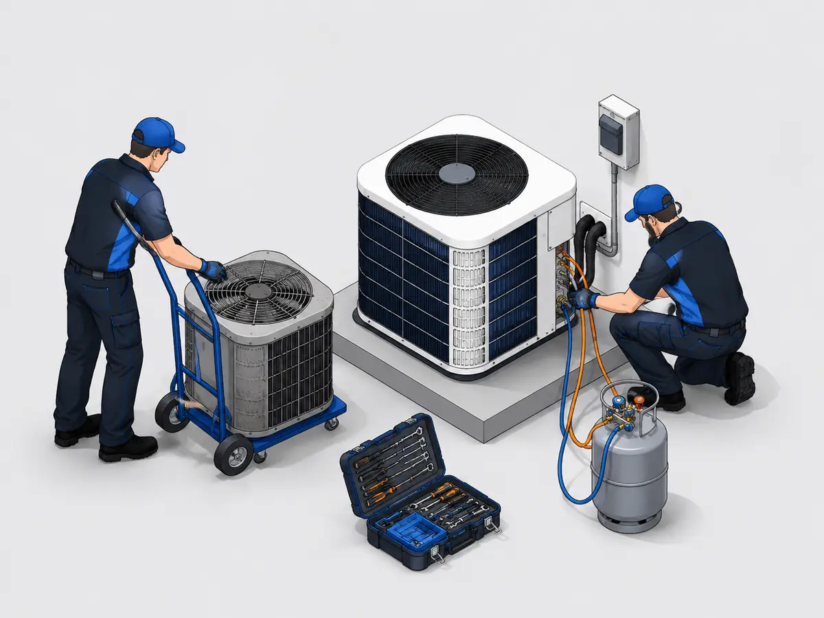 Technicians removing an old AC unit and installing a new condenser