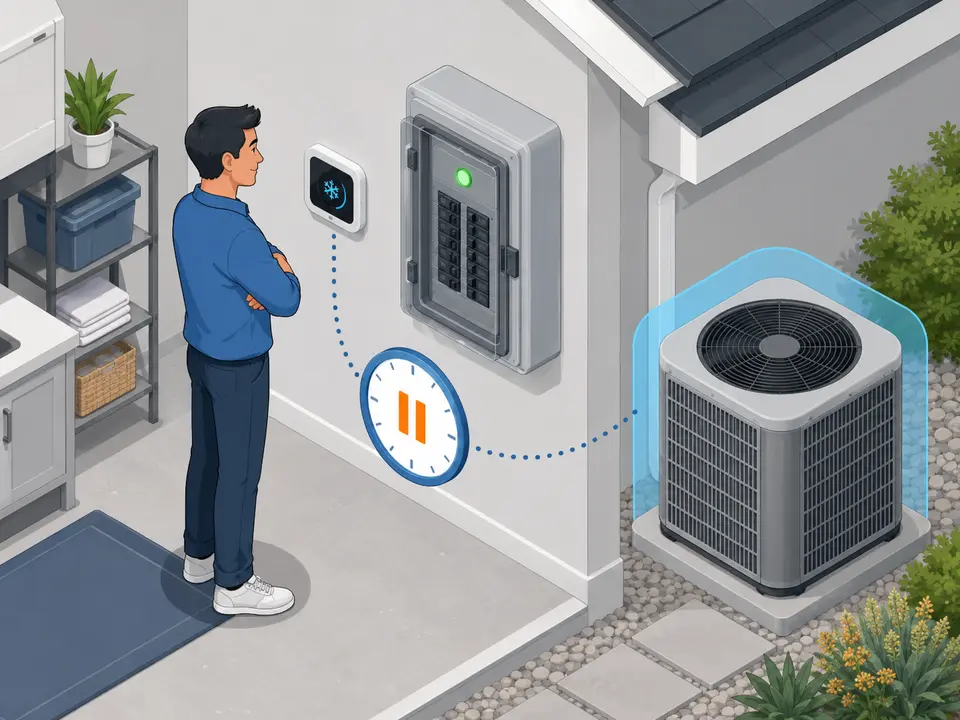 California homeowner waiting safely after a power interruption before restarting air conditioning