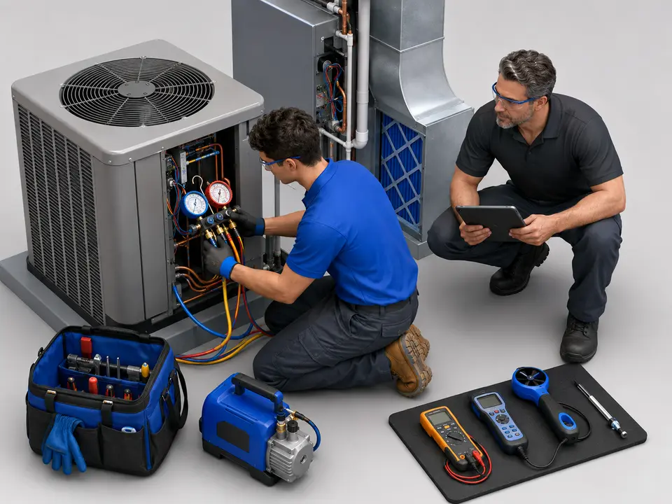 Advanced HVAC apprentice testing equipment and building diagnostic skills