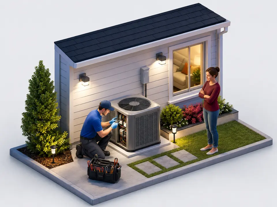 HVAC technician completing a planned maintenance task after regular work hours