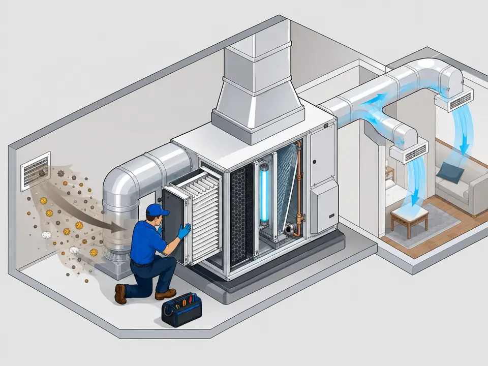Technician installing a whole-home HVAC air purification system in a California home