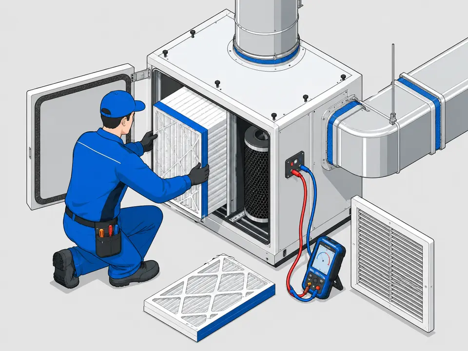 Air cleaner installation with filter replacement and HVAC static pressure testing
