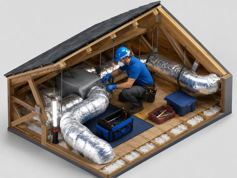 HVAC technician working carefully in a warm and confined attic space