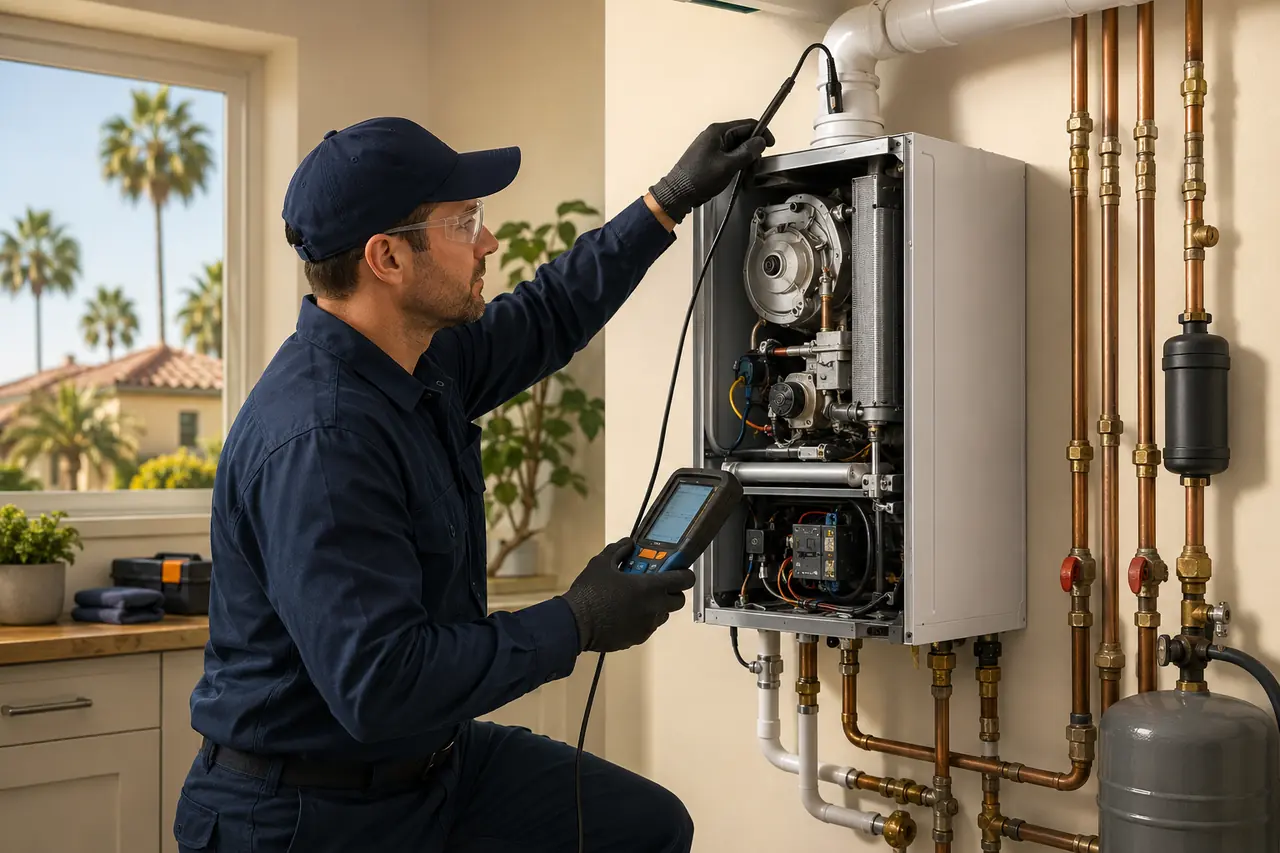 Technician testing boiler combustion ignition and venting