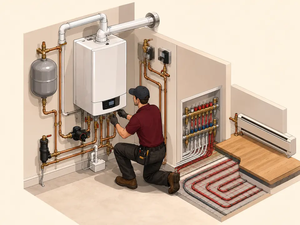 Technician installing a wall-hung condensing boiler with radiant floor and baseboard heating