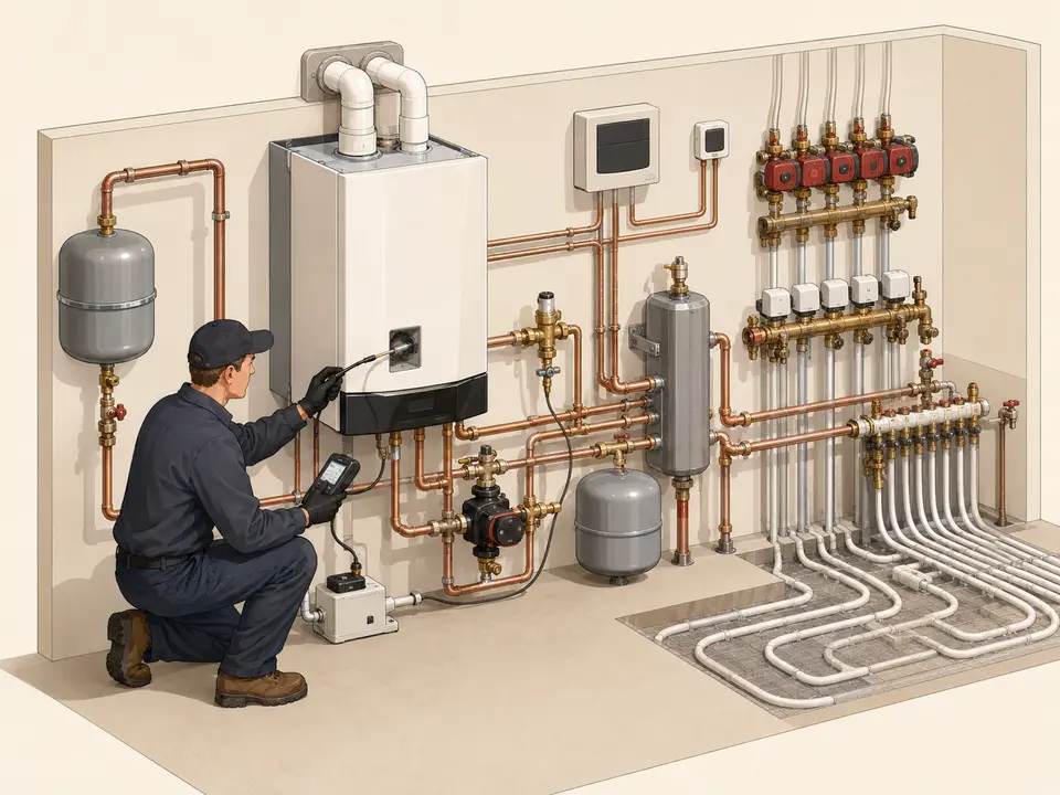 Boiler commissioning with combustion pressure temperature pump and control testing