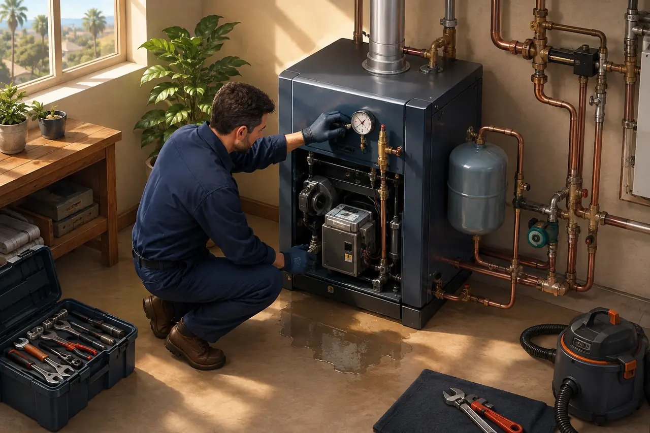 Technician diagnosing a leaking hydronic boiler pressure gauge expansion tank and relief valve