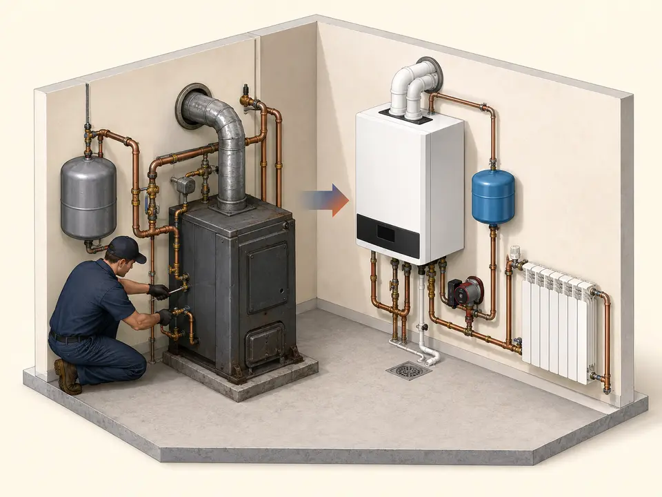 Technician replacing an aging floor-standing boiler with a modern condensing boiler