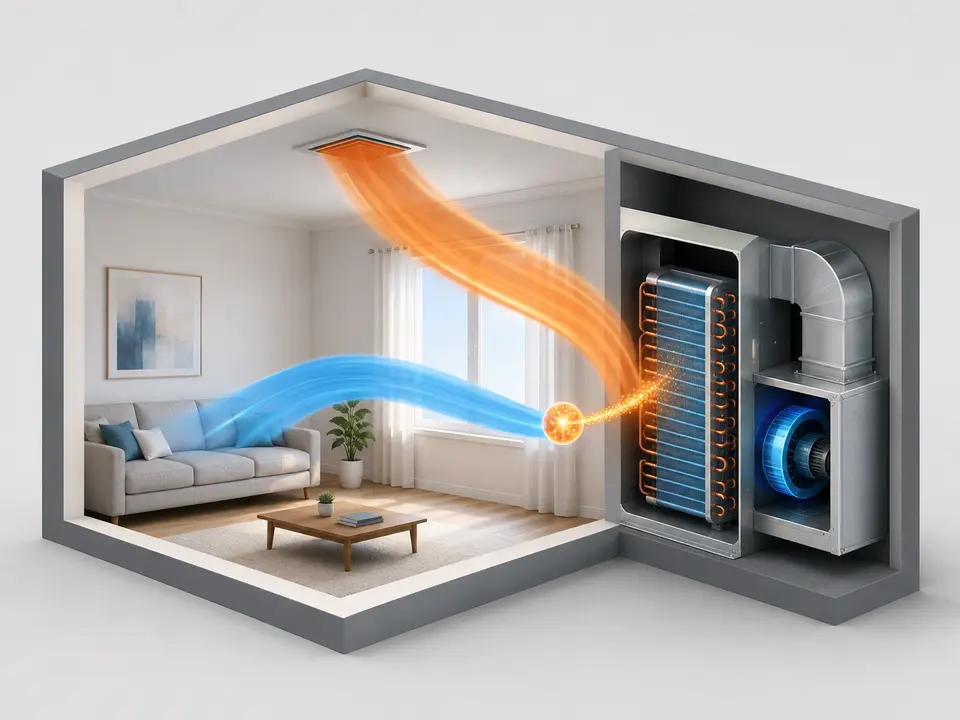 Room cutaway showing heat energy moving through an HVAC coil