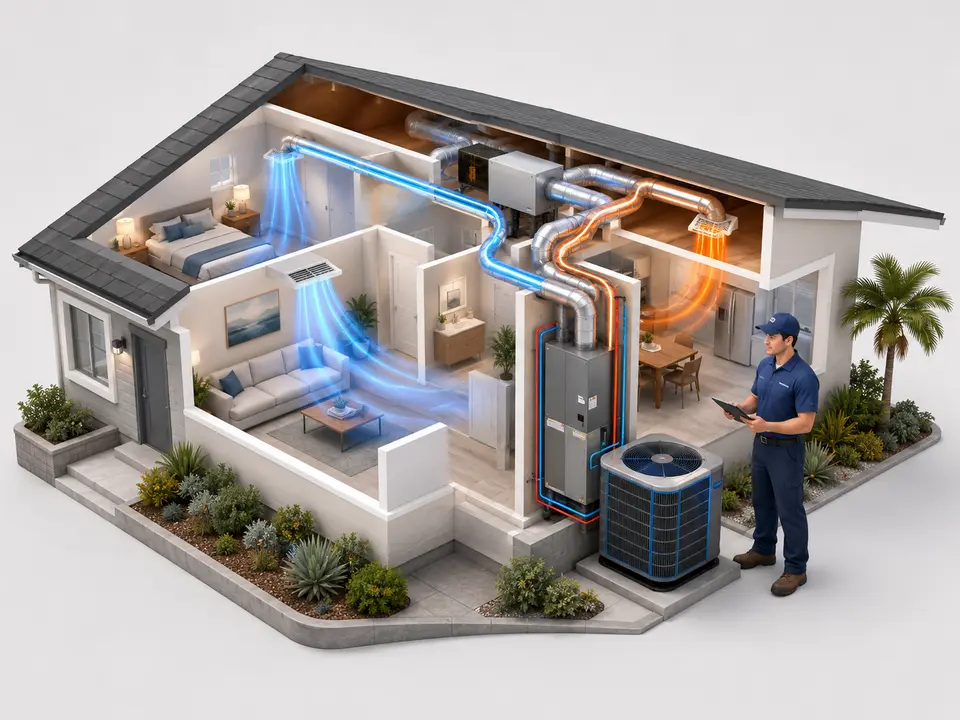 California home cutaway with an HVAC technician assessing heating and cooling capacity