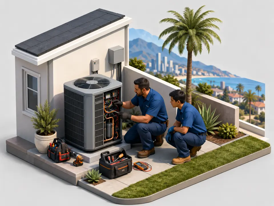 California HVAC apprentice learning beside an experienced technician