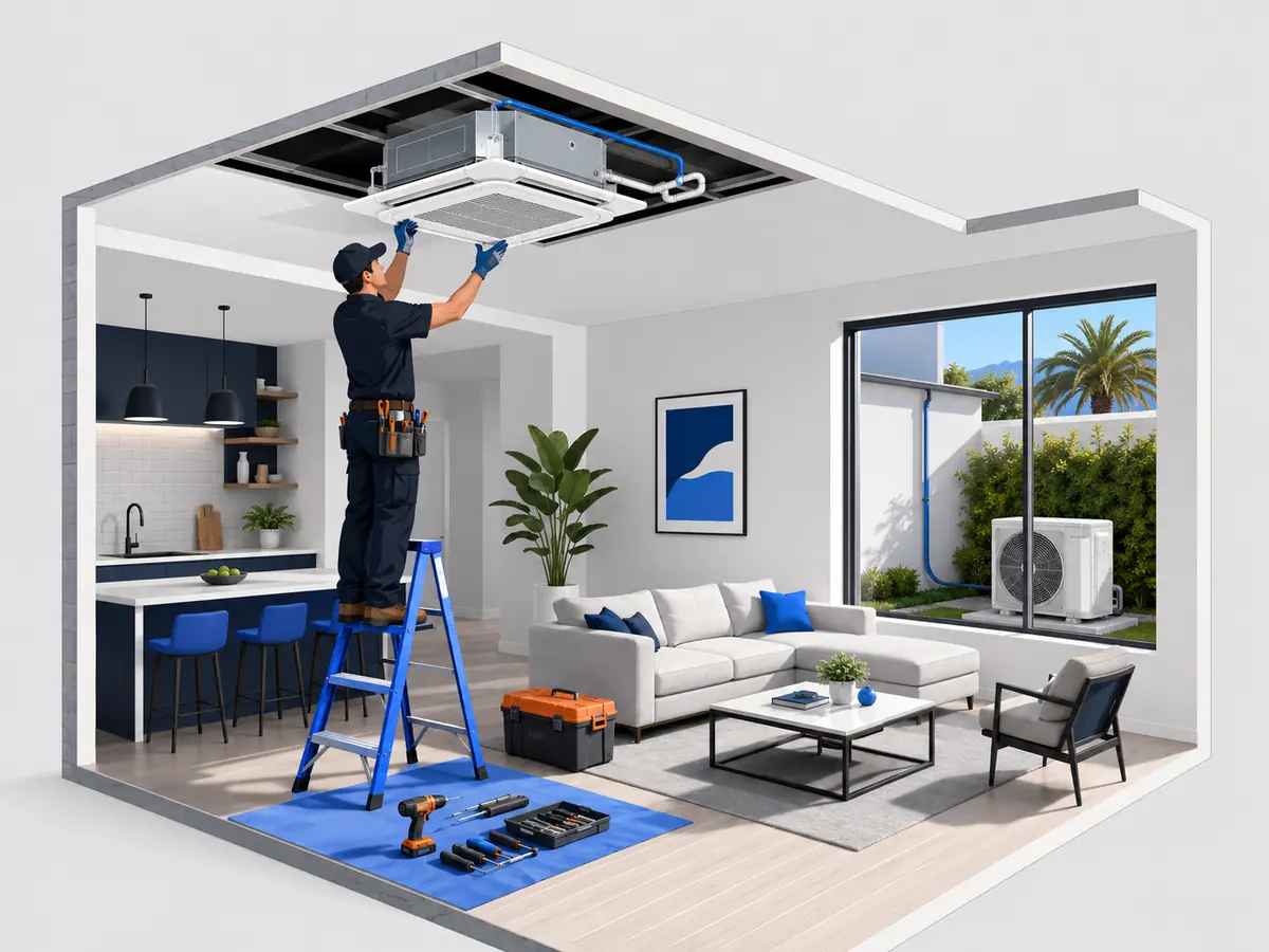 Technician installing a ceiling cassette mini split in an open living room