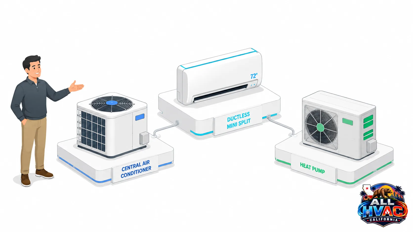 Central air conditioner, ductless mini split and heat pump compared side by side