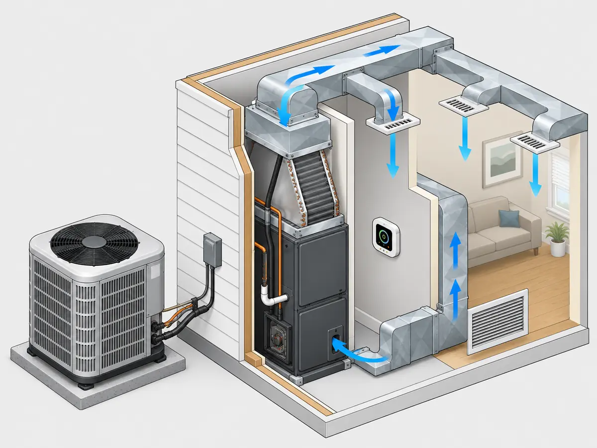 Matched central air conditioner replacement system with condenser coil air handler and ducts