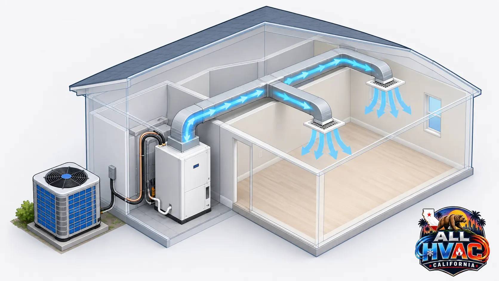 Central air conditioning system showing condenser, air handler, ducts and airflow