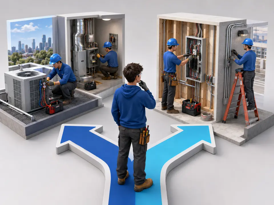 Career seeker comparing HVAC and electrician work pay training and lifestyle