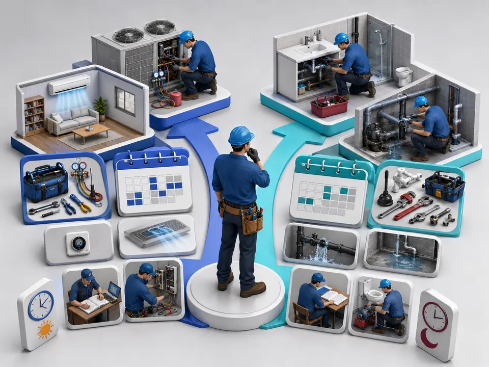 Career seeker comparing HVAC and plumbing pay training and lifestyle