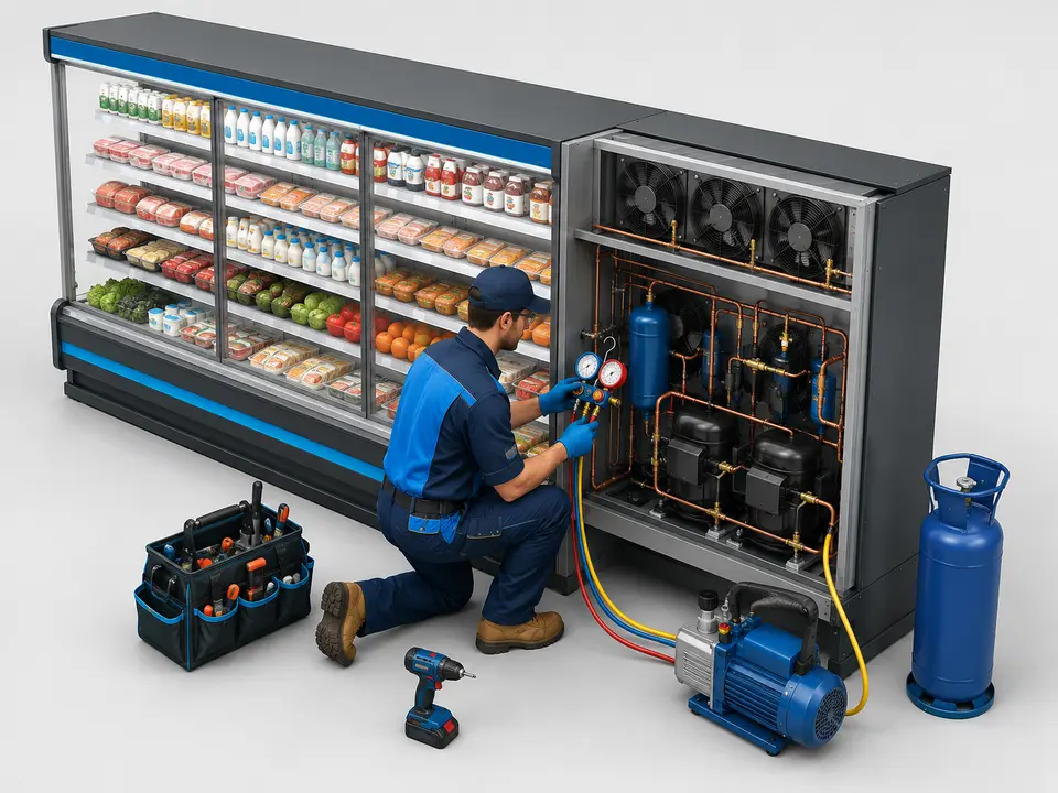 Commercial refrigeration technician servicing supermarket equipment