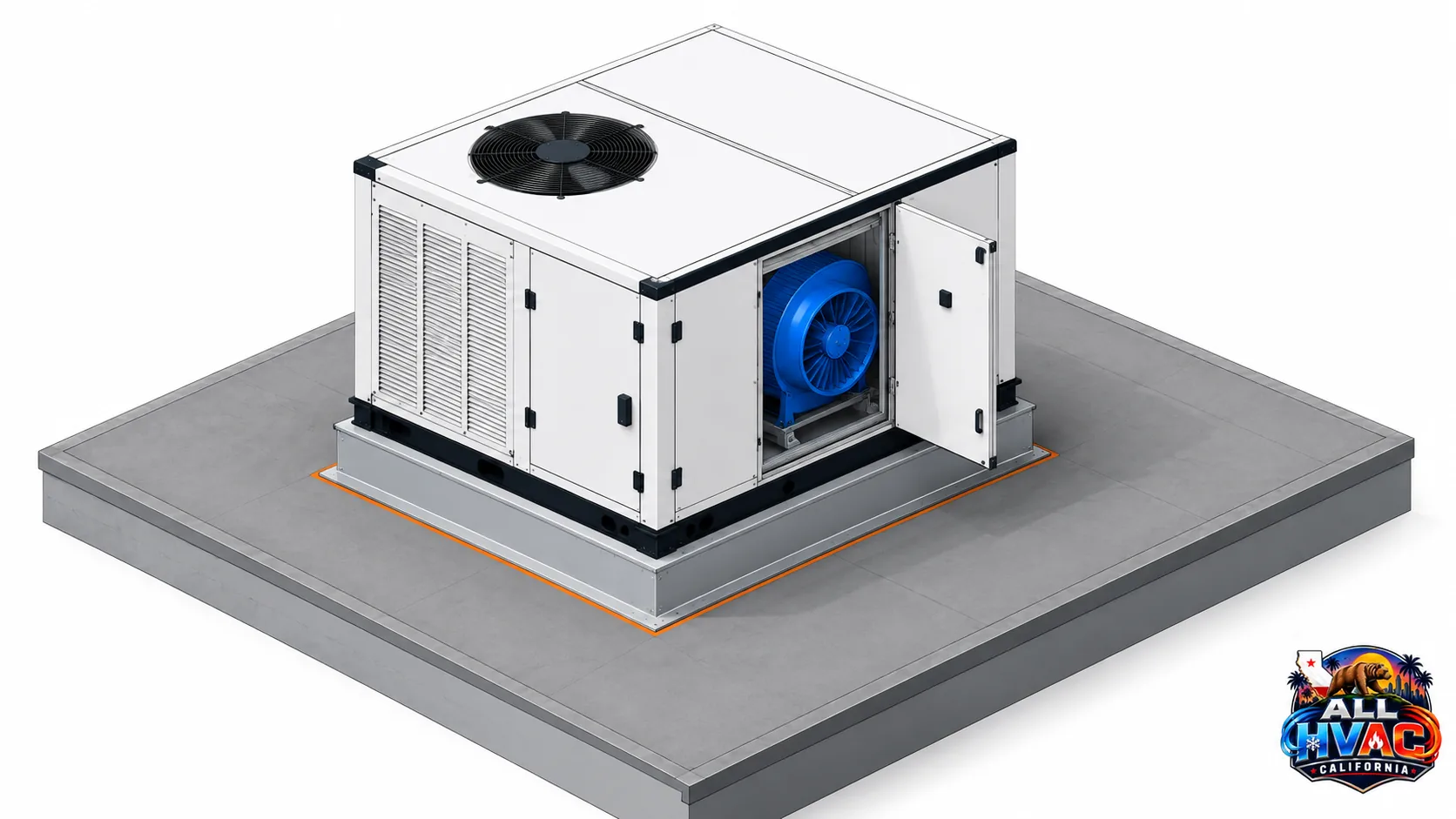 Commercial rooftop packaged HVAC unit with the service panel open