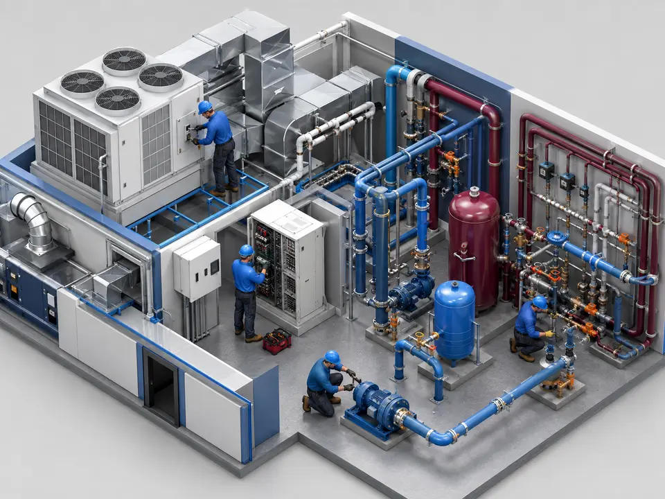 Commercial HVAC and plumbing specialists working on complex building systems