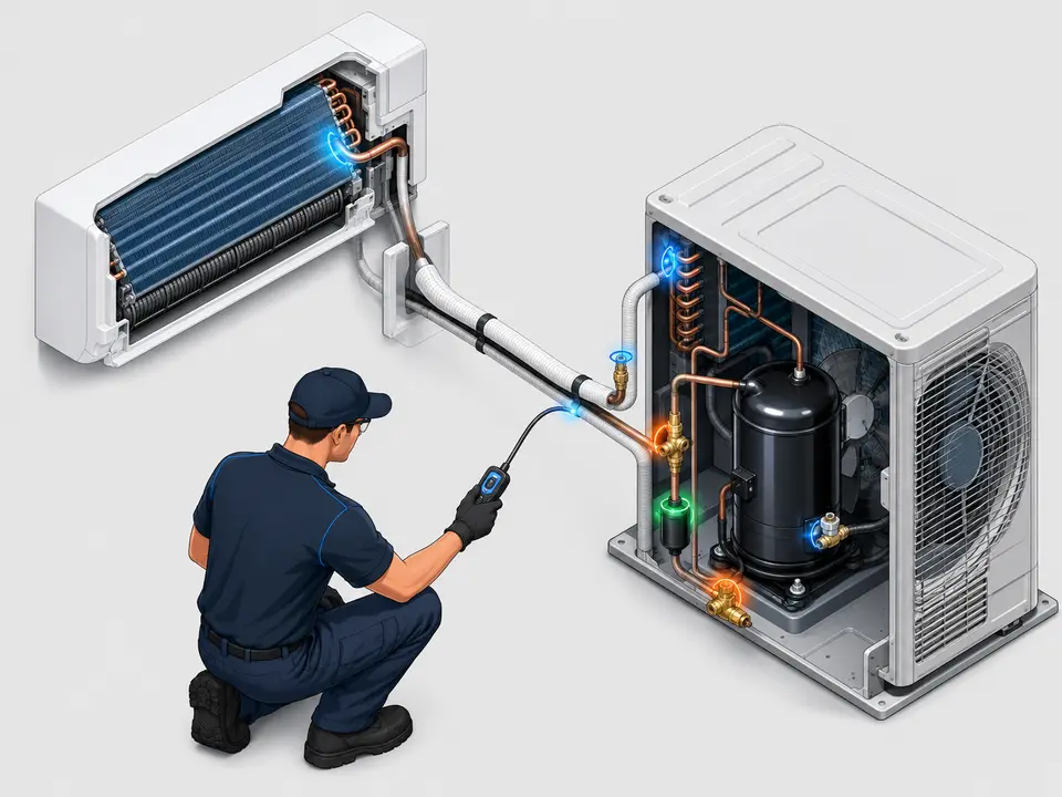 Technician checking common AC refrigerant leak points across the sealed system