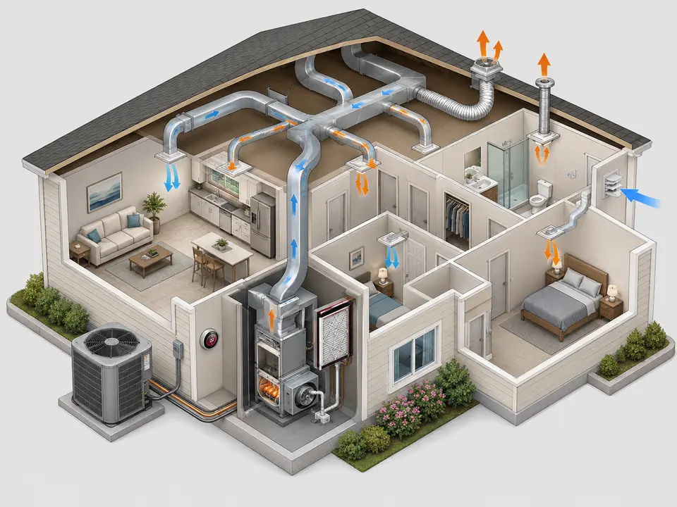 Home cutaway comparing complete HVAC service with air conditioning equipment