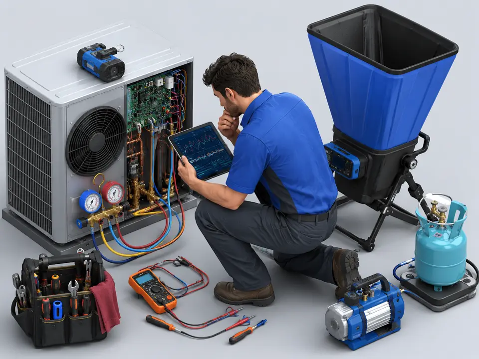 HVAC technician using meters and system readings during complex diagnosis