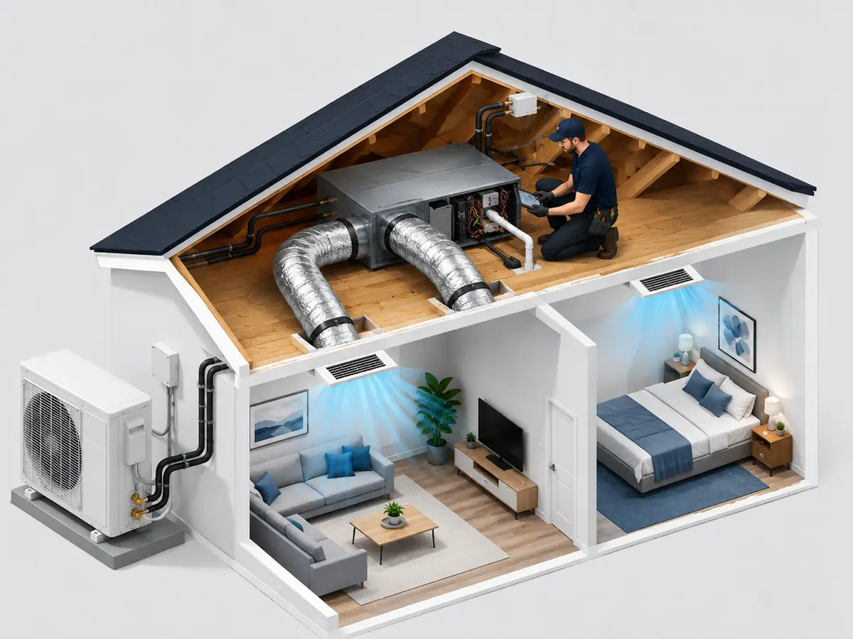 Technician commissioning a concealed-duct mini split in an attic